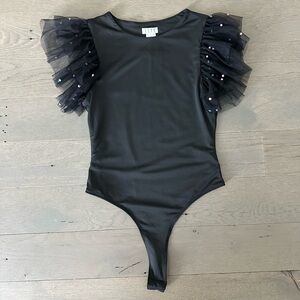 Black flutter sleeve pearl bodysuit
